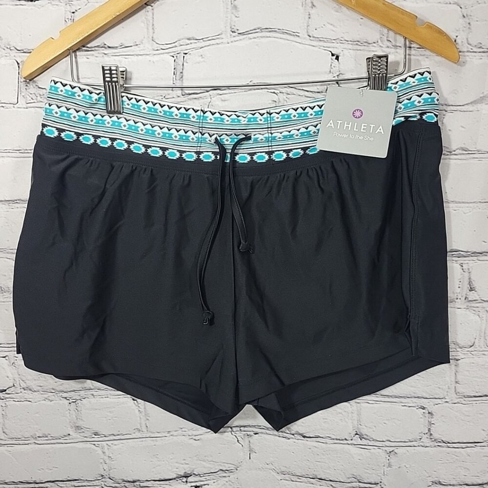 Athleta Work Out Shorts Black Lined Teal Print Waistband Medium NWT